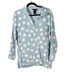 Ali Miles Women Blue White Polka Dot Long Sleeve Collared Tunic Shirt M Spring